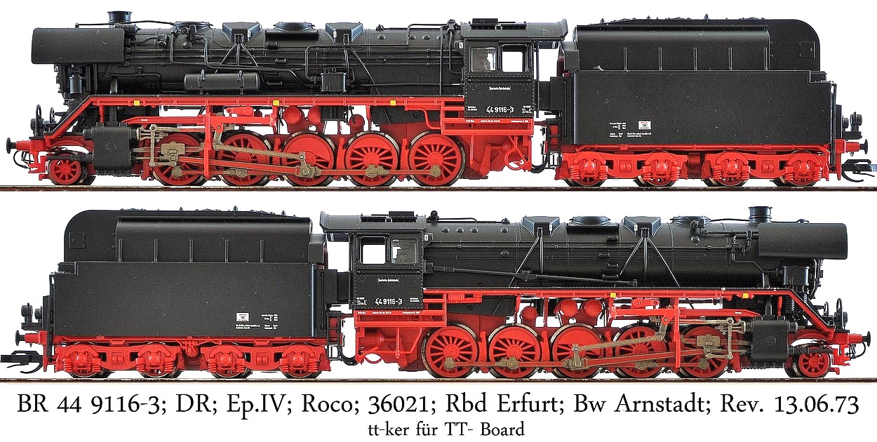 BR 44 9116-3; DR; Ep.IV; Roco; 36021; Rbd Erfurt; Bw Arnstadt; Rev. 13.06.73; Kohlenstaub-Tender
