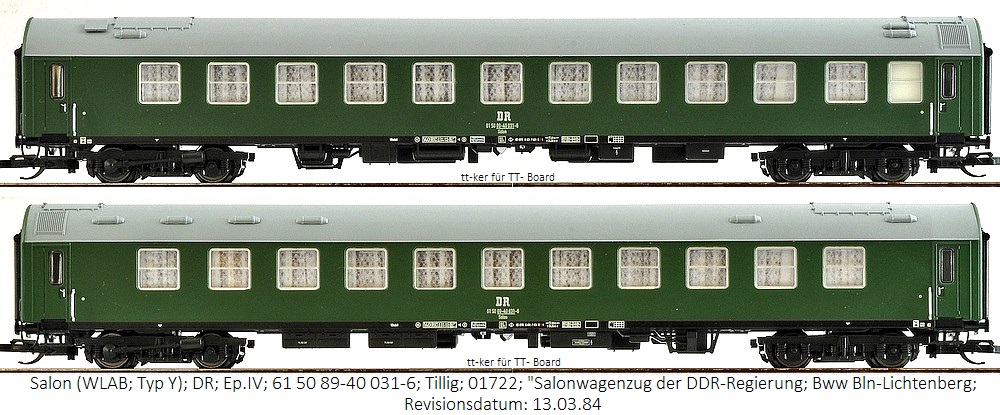 Salon (WLAB; Typ Y); DR; Ep.IV; 61 50 89-40 031-6; Tillig; Salonwagenzug der DDR-Regierung; Bww Bln-Lichtenberg; Rev. 13.03.84