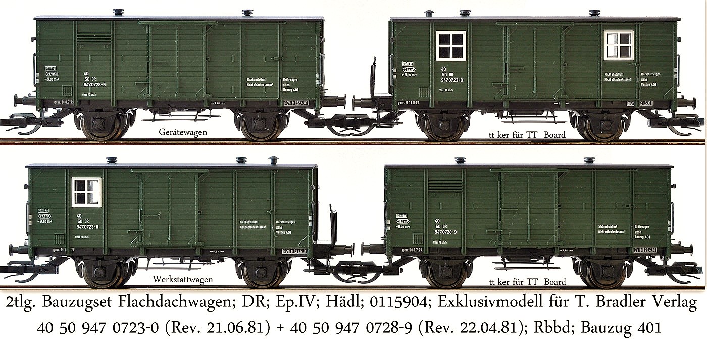 2tlg. Bauzugwagenset Flachdachwagen; Hädl; 0115904; Exklusivmodell für T. Bradler Verlag; 40 50 947 0723-0 (Rev. 21.06.81) + 40 50 947 0728-9 (Rev. 22.04.81); Rbbd; Bauzug 401