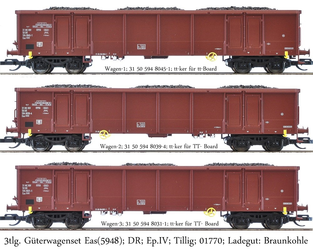 3tlg. Güterwagenset Eas[5948]; DR; Ep.IV; Tillig; 01770; Ladegut Braunkohle
