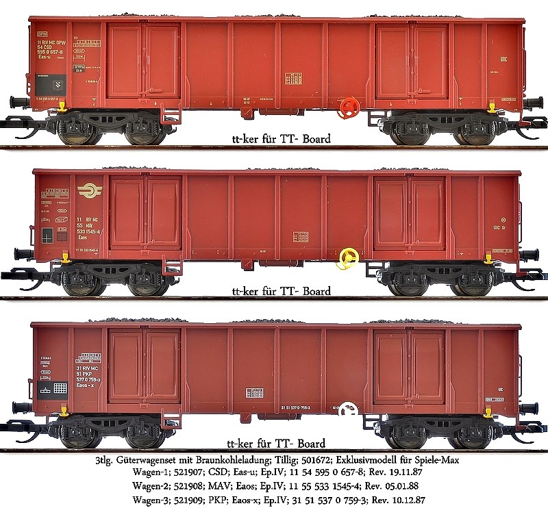 3tlg. Güterwagenset mit Braunkohleladung; Tillig; 501672; Exklusivmodell für Spiele-Max