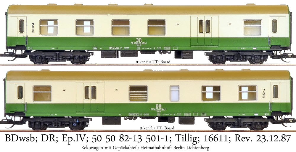 BDwsb; DR; Ep.IV; 50 50 82-13 501-1; Tillig; 16611; Heimatbahnhof: Berlin-Lichtenberg; Rev. 23.12.87; Rekowagen 2.Klasse mit Gepäckabteil