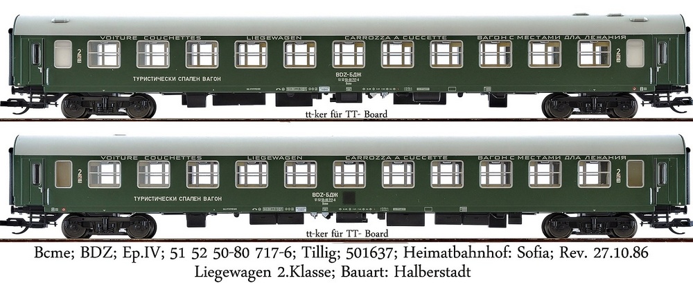 Bcme; BDZ; Ep.IV; 51 52 50-80 717-6; Tillig; 501637; Heimatbhf. Sofia; Liegewagen 2.Klasse;  Bauart Halberstadt; Rev. 27.10.86