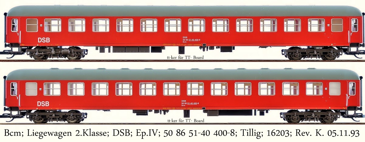 Bcm; Liegewagen 2.Klasse; DSB; Ep.IV; 50 86 51-40 400-8; Tillig; 16203; Rev. K. 05.11.93