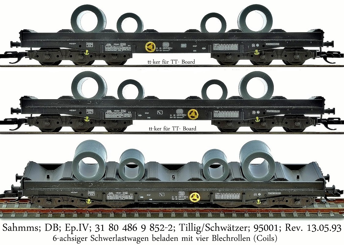 Sahmms[709]; DB; Ep.IV; 31 80 486 9 852-2; Tillig/Schwätzer; 95001; Rev. 13.05.93; 6-achsiger Schwerlastwagen beladen mit vier Blechrollen (Coils)