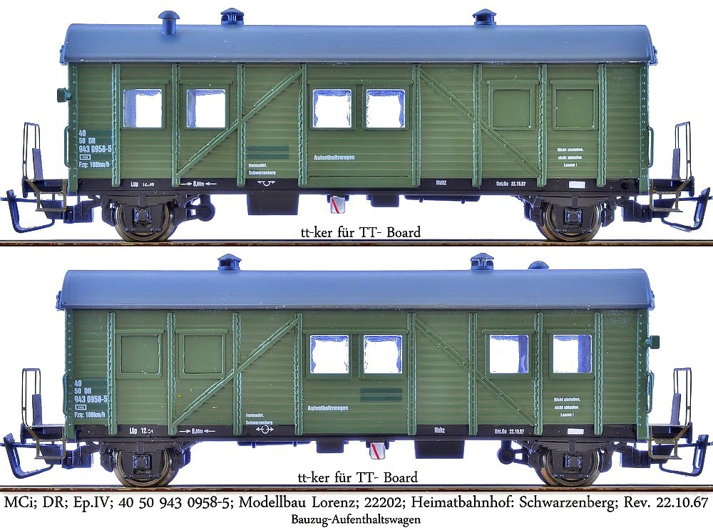 MCi; DR; Ep.IV; 40 50 943 0958-5; Modellbau Lorenz; 22202; Heimatbahnhof: Schwarzenberg; Rev. 22.10.67; Bauzug-Aufenthaltswagen