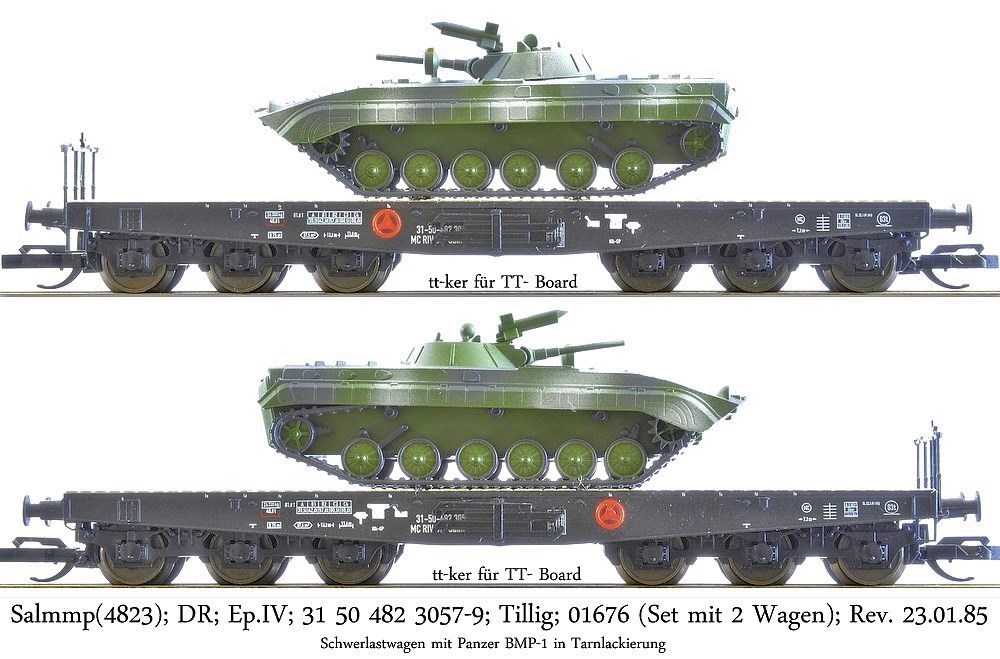 Salmmp[4823]; DR; Ep.IV; 31 50 482 3057-9; Tillig; 01676 (Set mit zwei Wagen); Rev. 23.01.85; Schwerlastwagen mit BMP-1 der NVA in Tarnlackierung