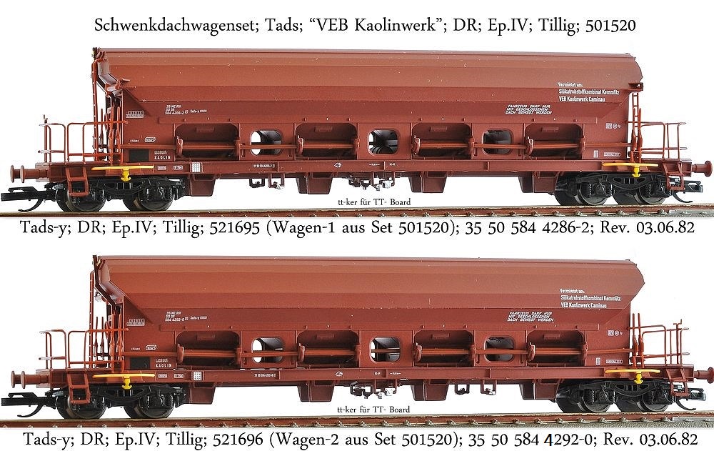 Schwenkdachwagenset Tads-y "VEB Kaolinwerk"; DR; Ep.IV; Tillig; 501520 (521695+521696)