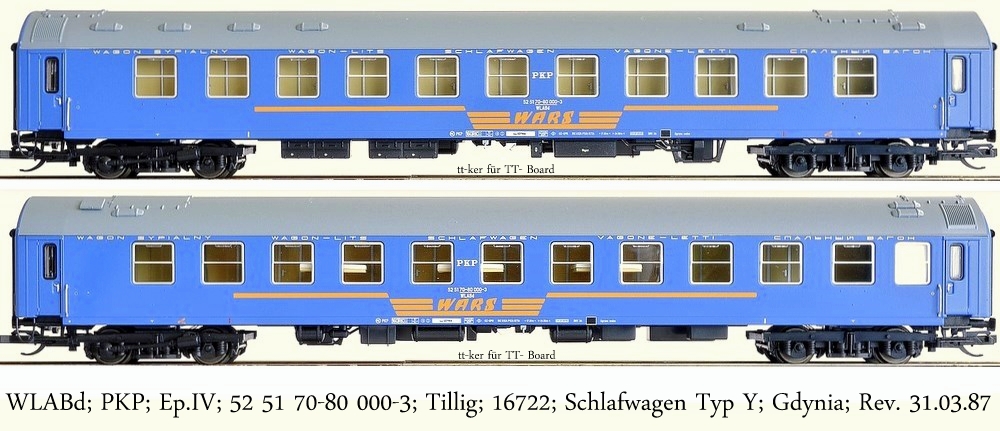 WLABd; PKP; Ep.IV; 52 51 70-80 000-3; Tillig; 16722; Schlafwagen Typ Y; Gdynia; Rev. 31.03.87