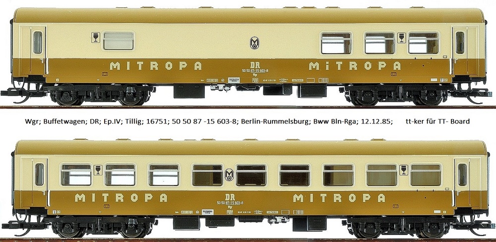 Wgr; Buffetwagen; DR; Ep.IV; Tillig; 16751; 50 50 87-15 603-8; Berlin Rummelsburg; Bww Bln-Rga; 12.12.85