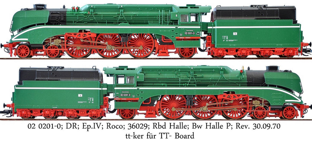 BR 02 0201-0; DR; Ep.IV; Roco; 36029; grün; Rbd Halle; Bw Halle P; Rev. 30.09.70