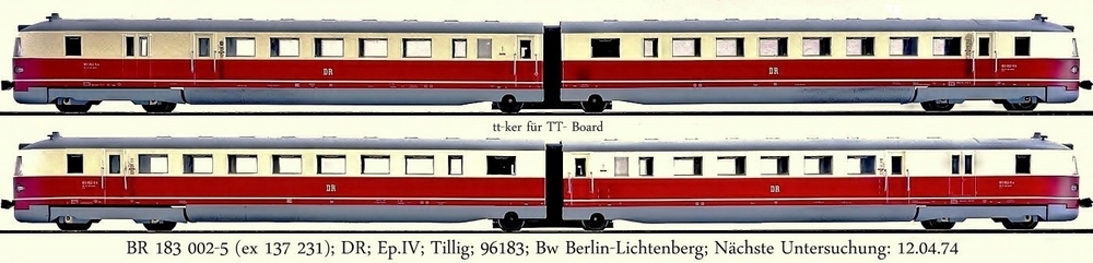 BR 183 002-5 (ex SVT 137 231); DR; Ep.IV; Tillig; 96183; Bw Berlin-Lichtenberg; Nächste Untersuchung 12.04.74