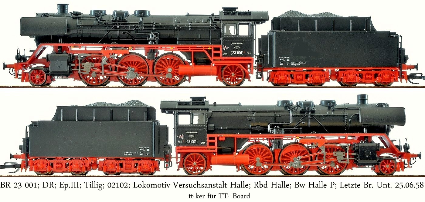 BR 23 001; DR; Ep.III; Tillig; 02102; Lokomotiv-Versuchsanstalt Halle; Rbd Halle; Bw Halle P; Letzte Br. Unt. 25.06.58