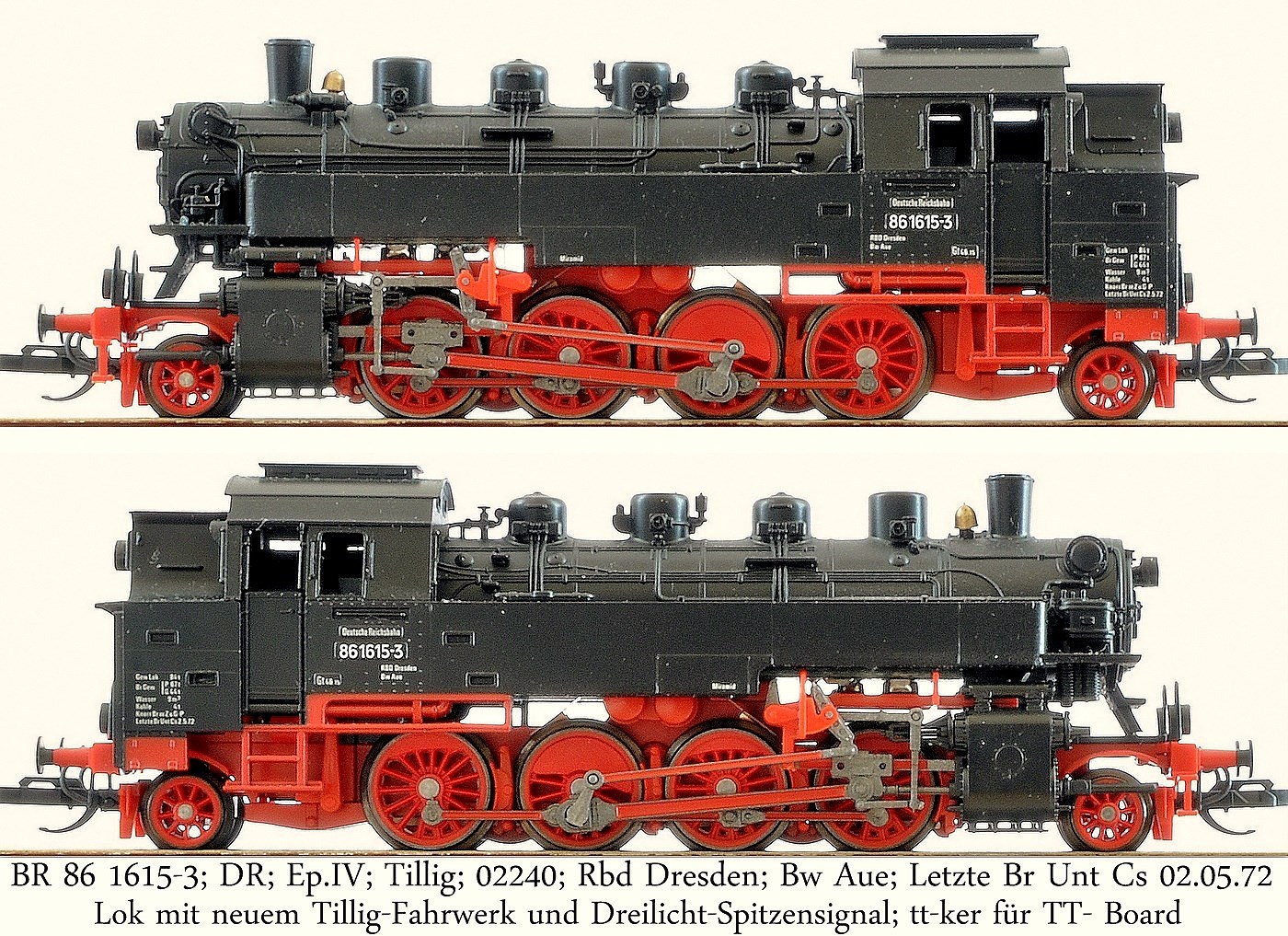BR 86 1615-3; DR; Ep.IV; Tillig; 02240; Rbd Dresden; Bw Aue; Letzte Br Unt Cs 02.05.72; Lok mit neuem Tillig-Fahrwerk und Dreilicht-Spitzensignal