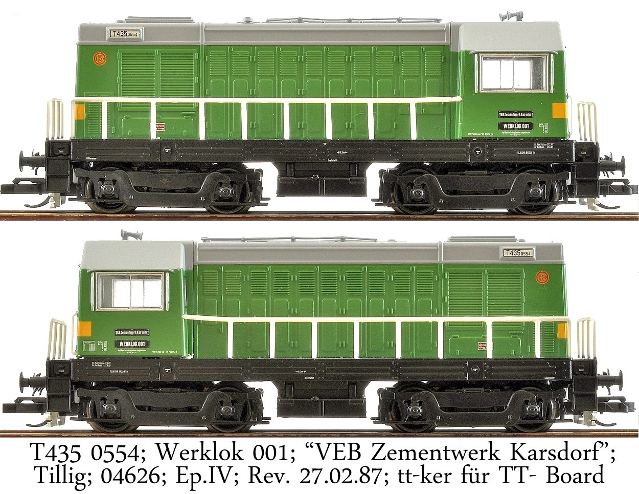 BR 107; T435 0554; Ep.IV; Werklok 001; "VEB Zementwerk Karsdorf"; Tillig; 04626; Rev. 27.02.87;