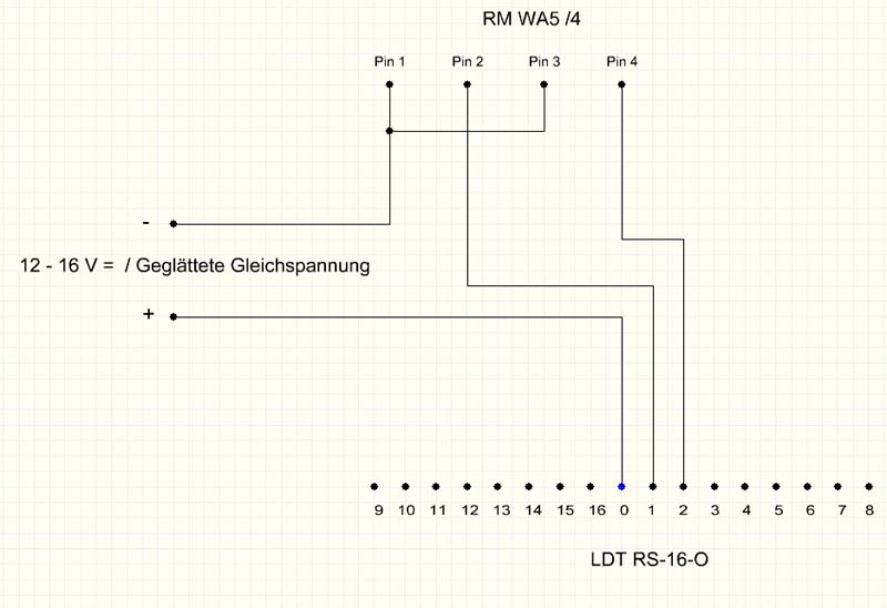 Schaltplan Anschluß WA4/5 an ein Rückmeldemodul LDT RS-16-O